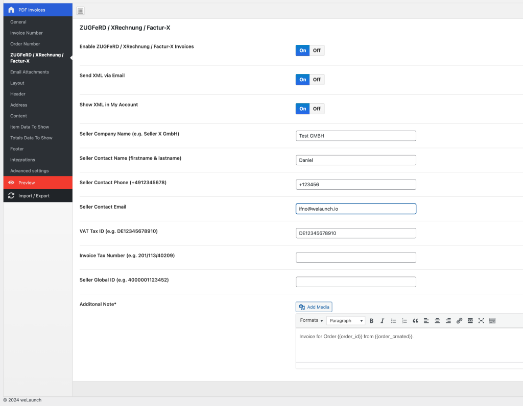 woocommerce ZUGFeRD xrechnung factur-x options